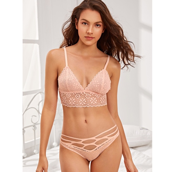 Strappy Cut Out Pink 2 Piece Lace Lingerie Set - Picture 2 of 7